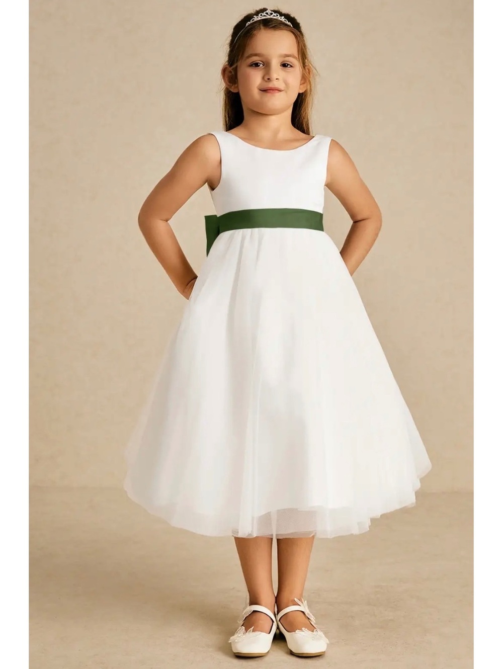 Azazie Girls' A-Line Party Dress Olive/Ivory Size 8  Bow Detail